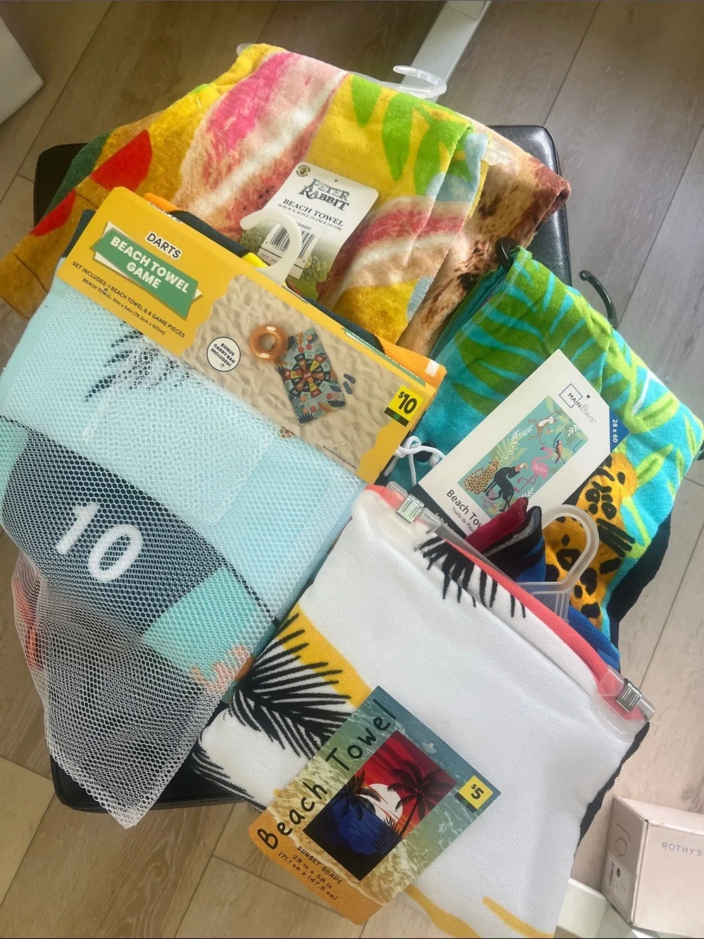Brand New (4) Beach Towel Bundle - Peter  Rabbit, Tropical, Darts Game